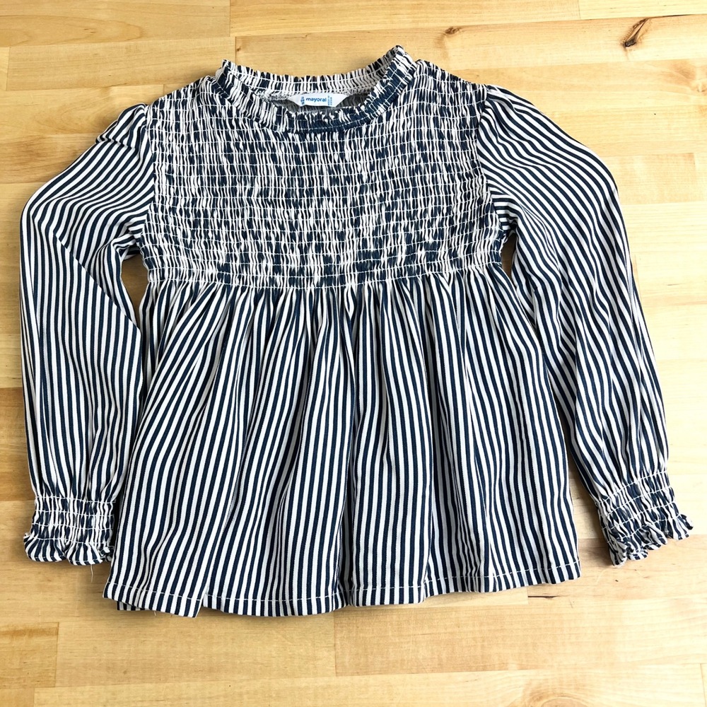 Mayoral Girl Navy Blue White Striped Smocked Peplum Blouse Top Tunic Size 3 98cm